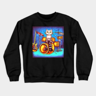 A Cat Sitting On It's Drum Kit Crewneck Sweatshirt